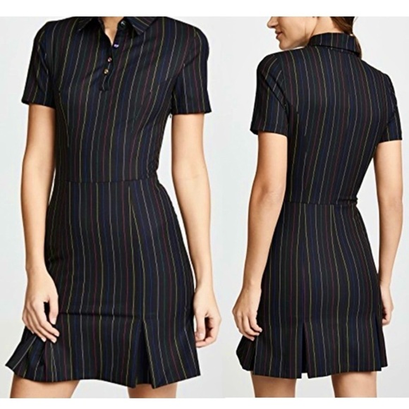 STAUD 90s Rainbow Pinstripe Short Sleeve Jewel Button Pleated Polo Shirt Dress 2 - Picture 3 of 8